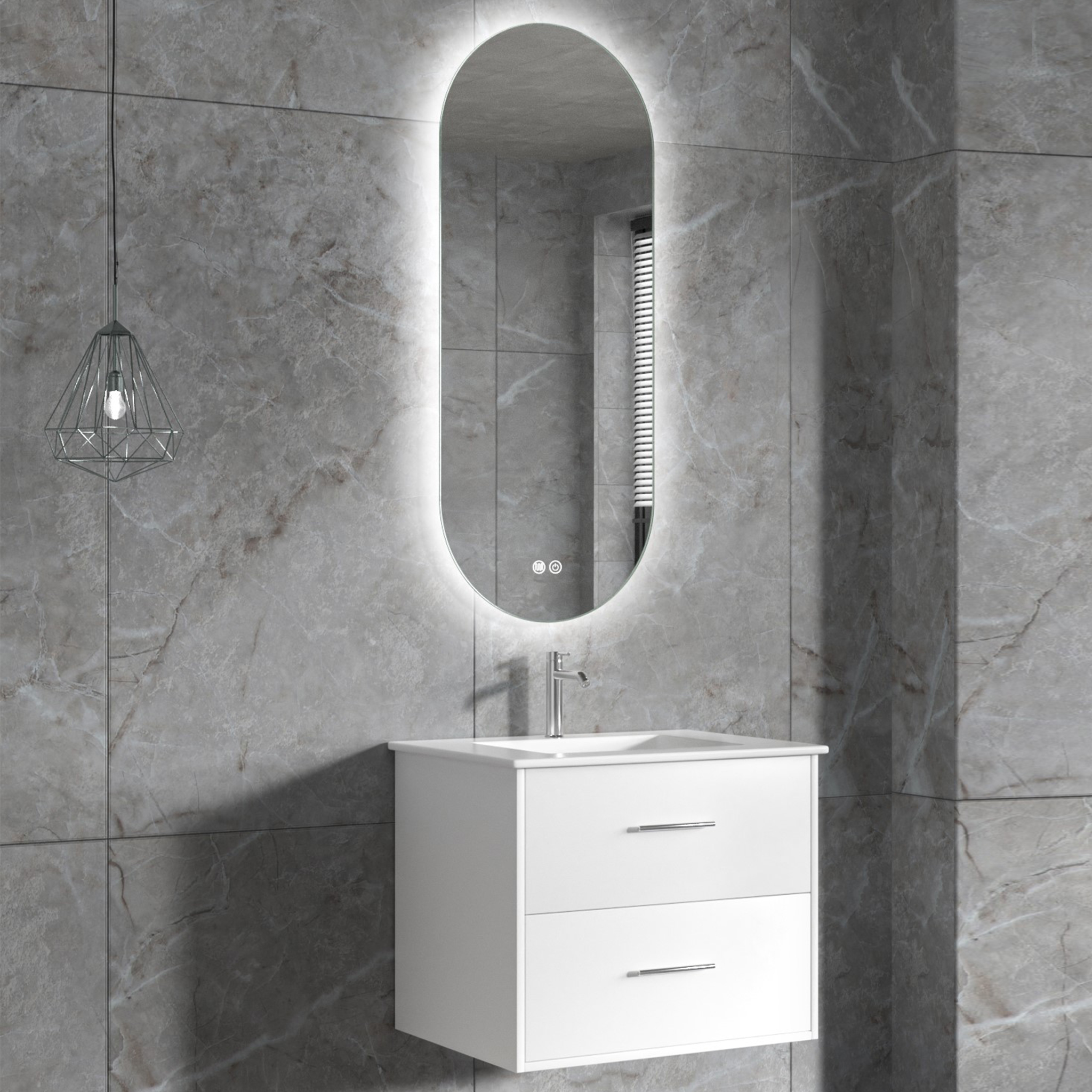 Baderomsmøbler | Ovalt LED-speil | Kommode med kran | Nimbo - 60 cm