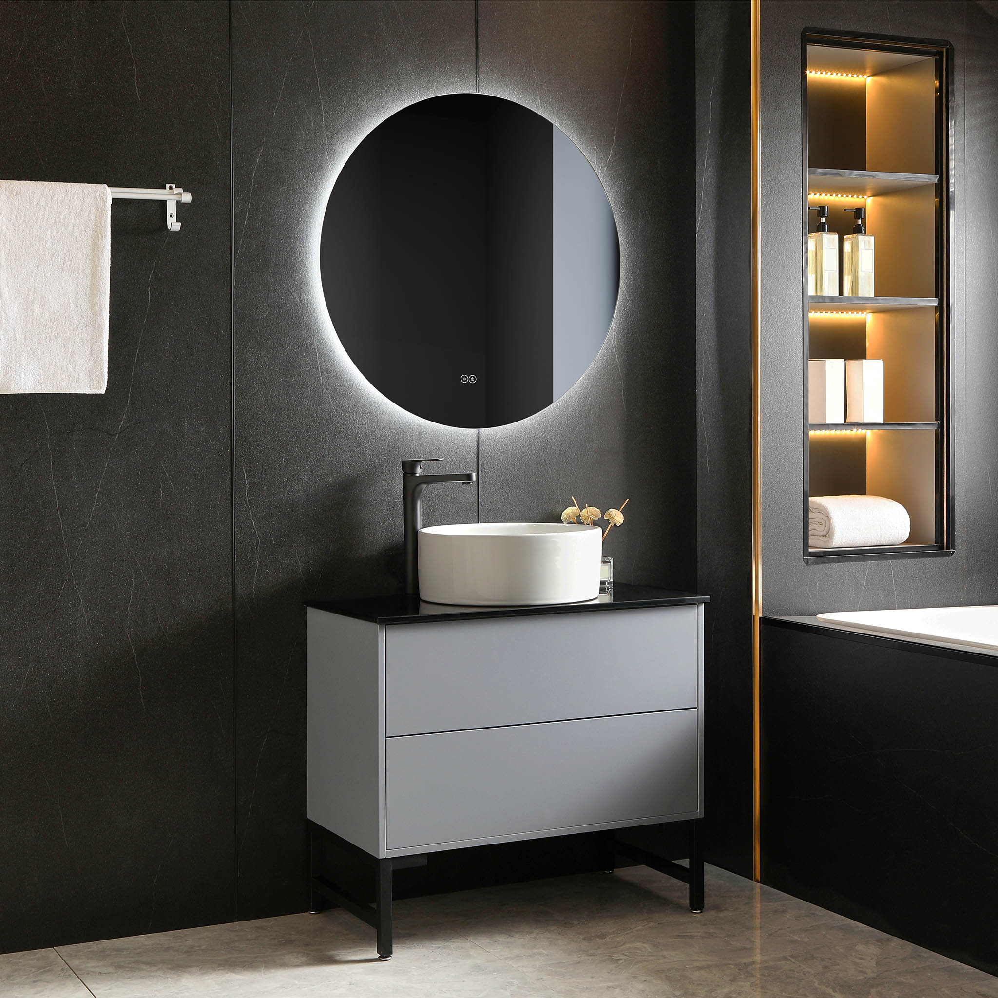 Baderomsmøbler 90cm | Benkeplate i sort glass | LED speil | Cavum