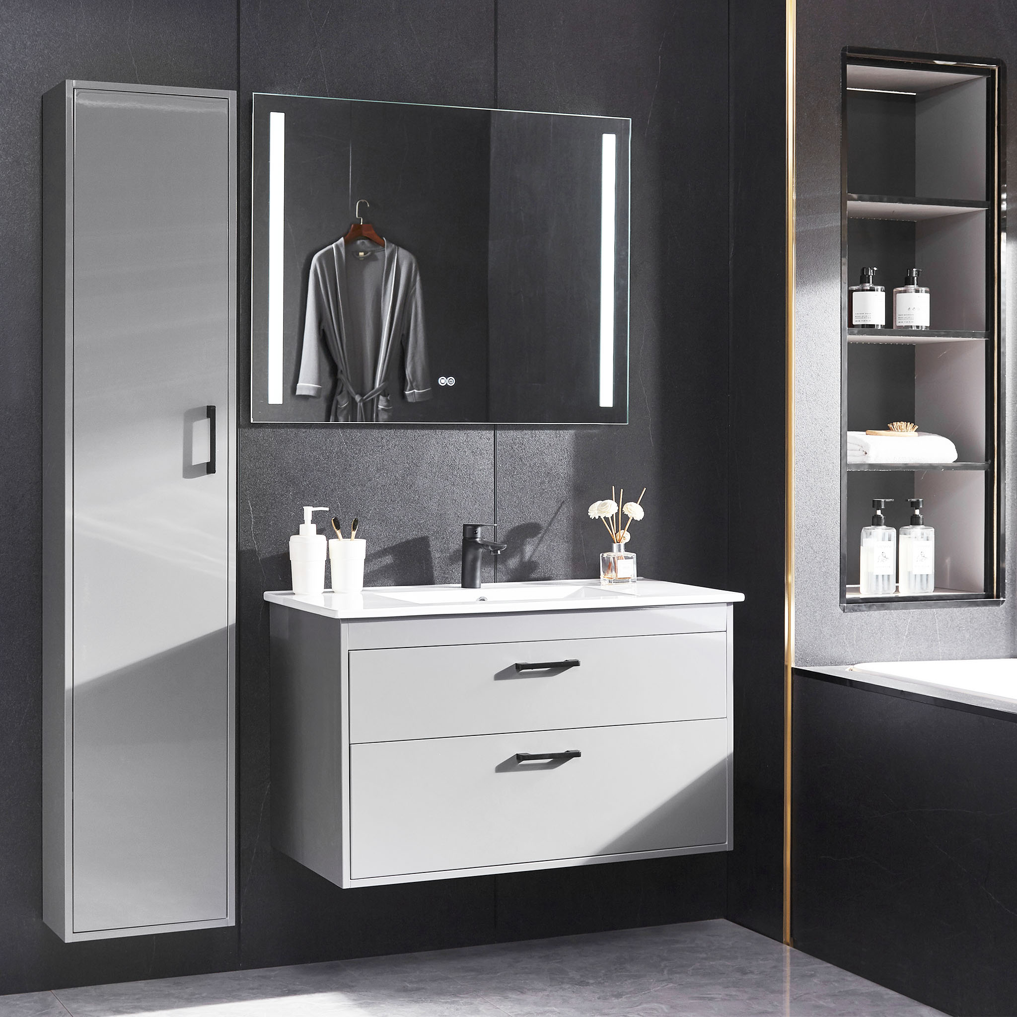 Baderomspakke | Kommode 90 cm | Sideskap & LED-speil | Grå