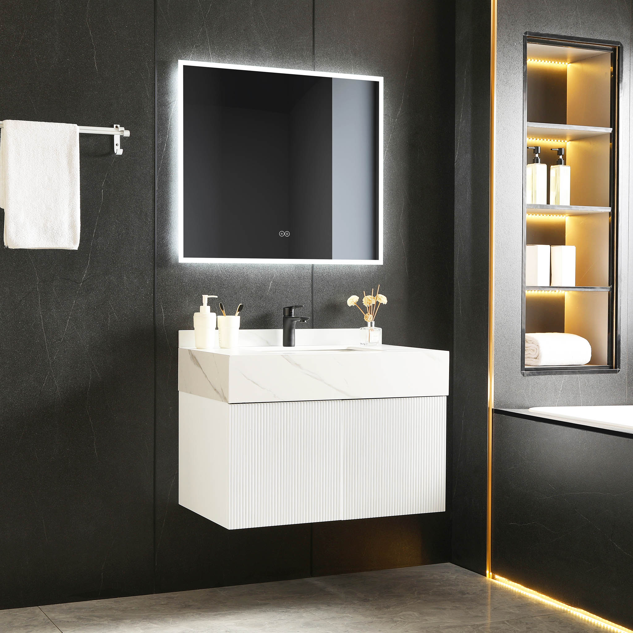 Baderomspakke 100cm | Slitesterk sintret stein | LED speil | Cirrus hvit