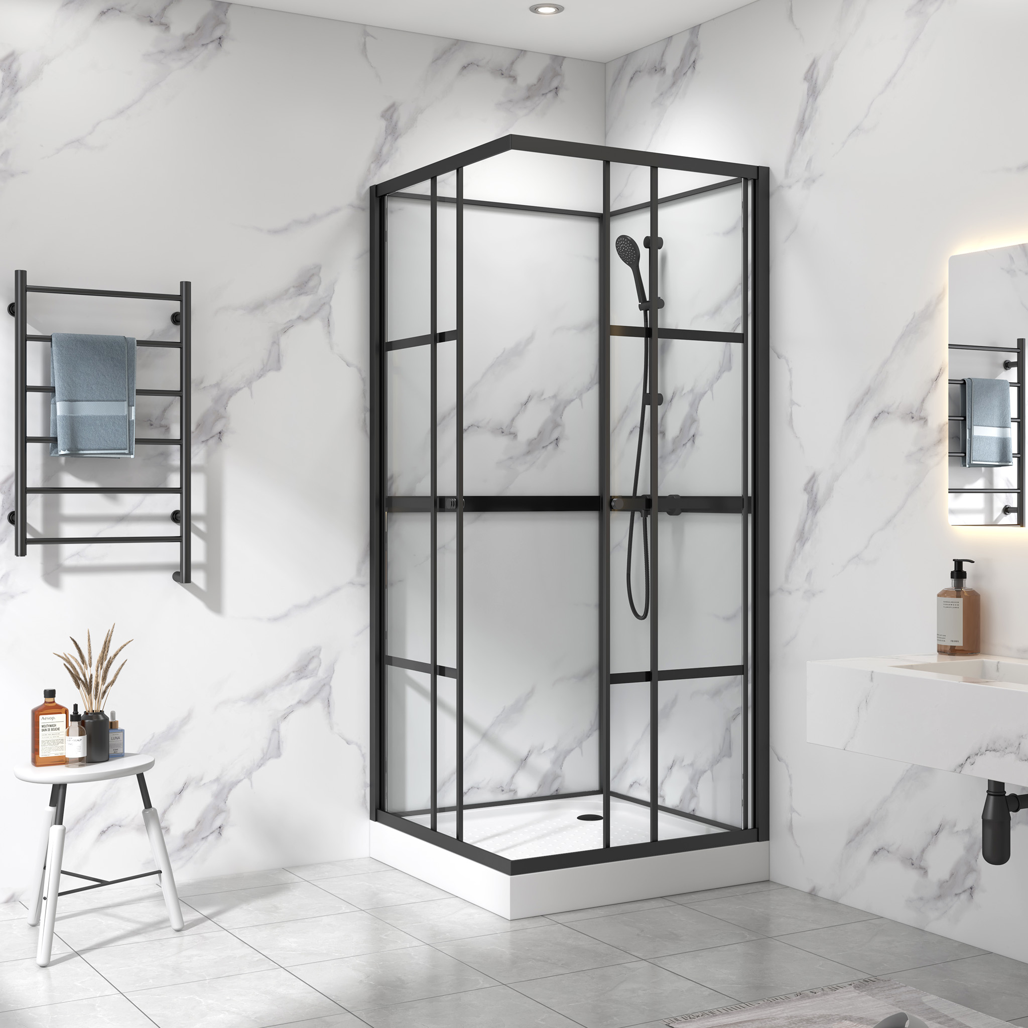 Komplett dusjkabinett 90x90x215cm | Skjøtet industridesign | Svart
