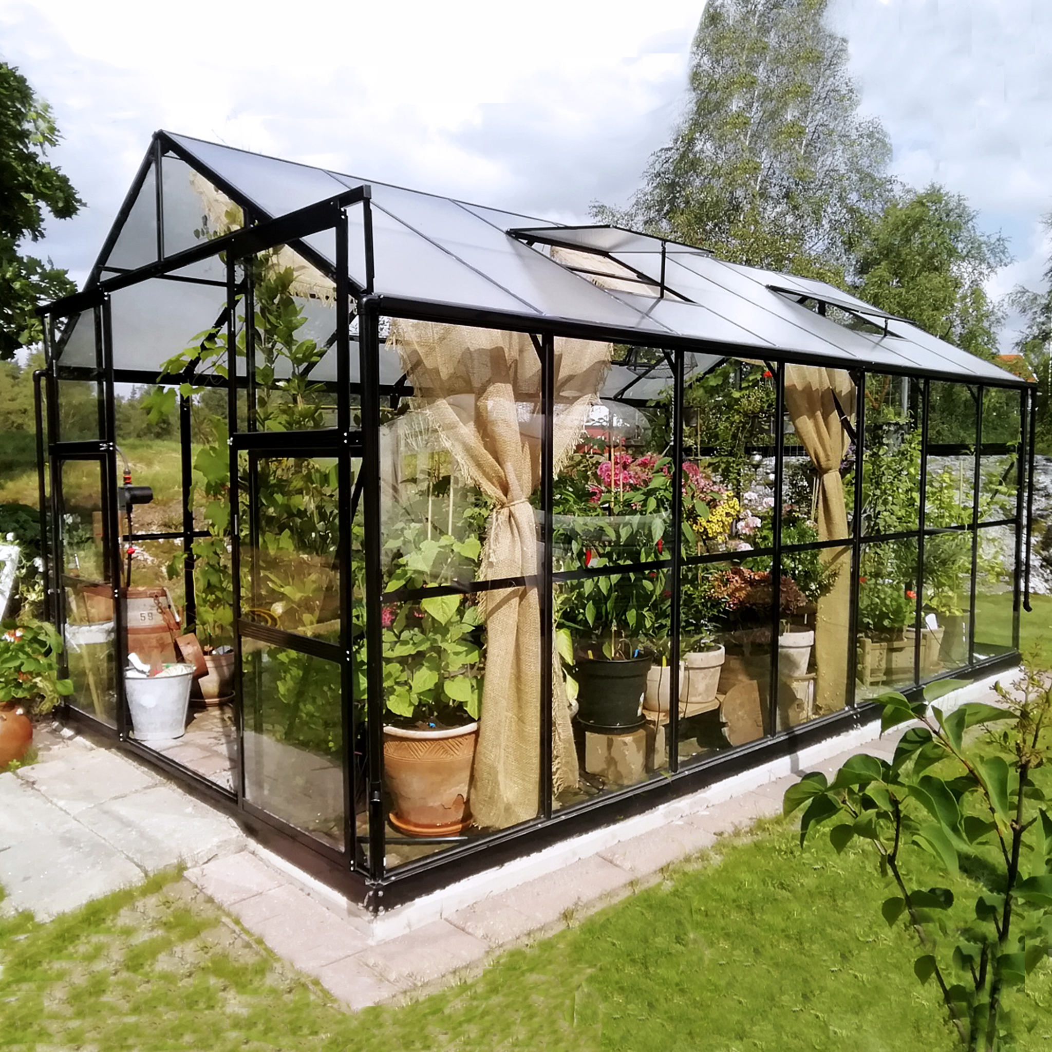 Drivhus i glass 11,1m² | 4mm sikkerhetsglass | 5 års stormgaranti | Svart