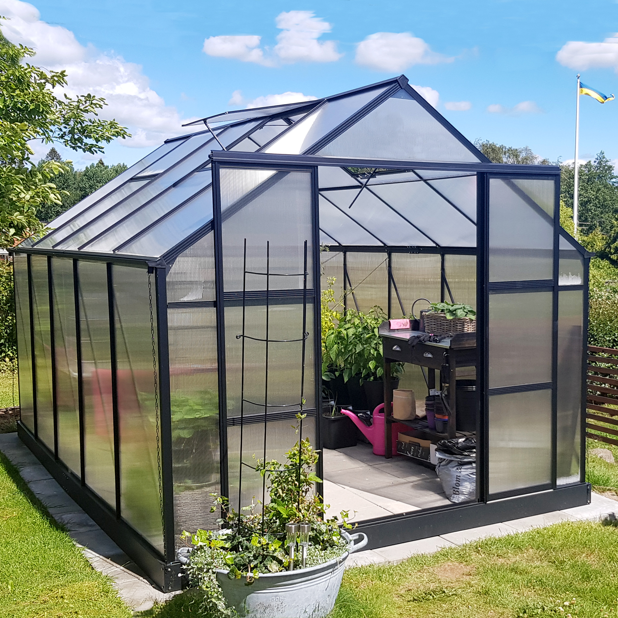 Drivhus 8,9m² | 6mm kanalplast | Høy dyrkingshøyde | Svart