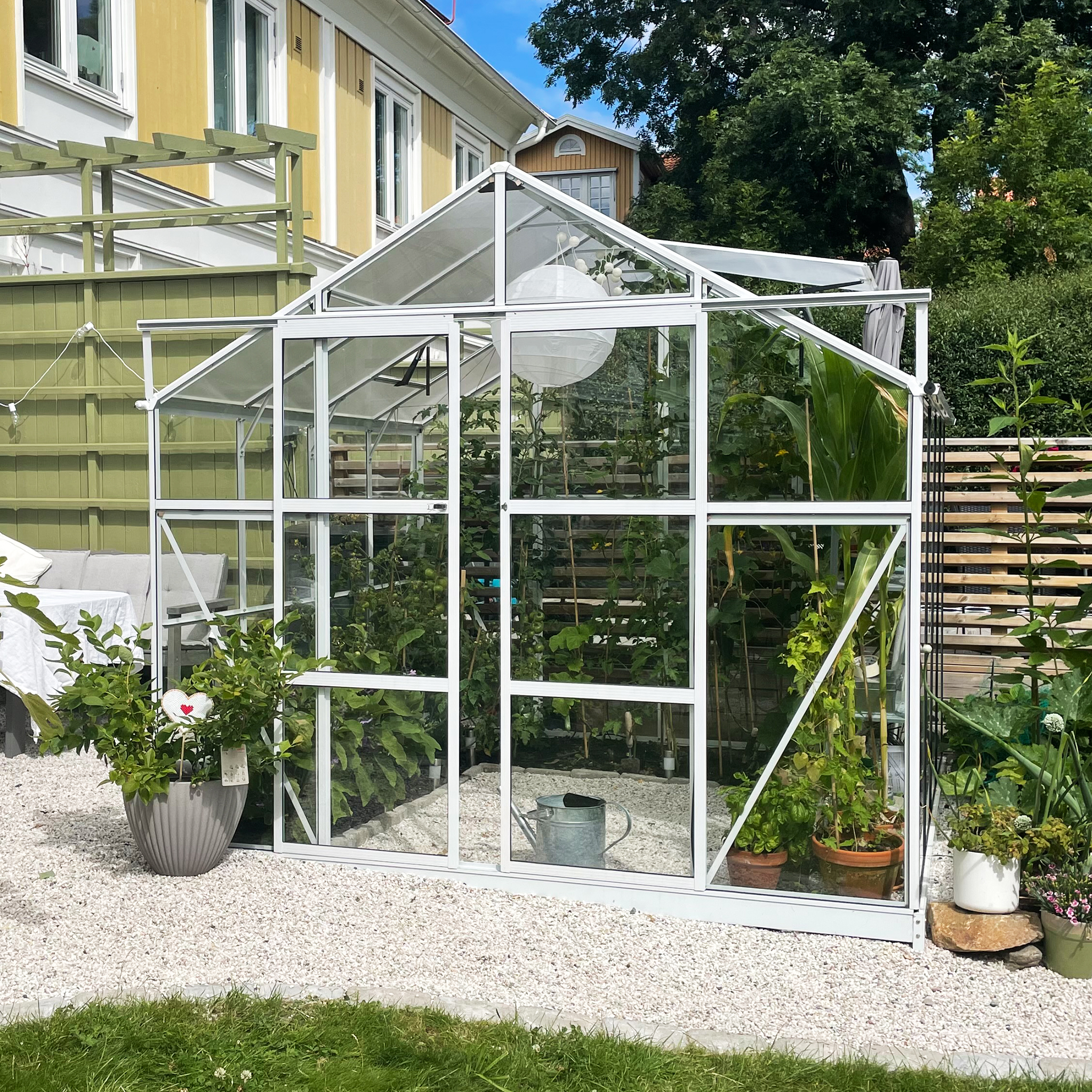 Drivhus i glass 6,4 m² | 5 års stormgaranti | 4 mm sikkerhetsglass | Hvit